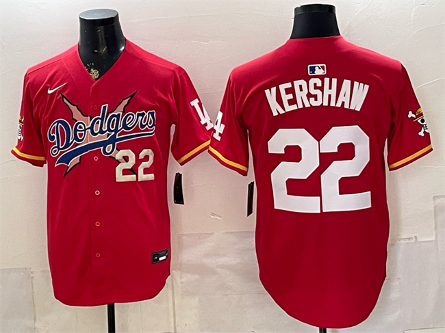 Men's Los Angeles Dodgers x One Piece #22 Clayton Kershaw Red Vapor Premier Limited Stitched Baseball Jersey Men's Los Angeles Dodgers x One Piece #22 Clayton Kershaw Red Vapor Premier Limited Stitched Baseball Jersey
